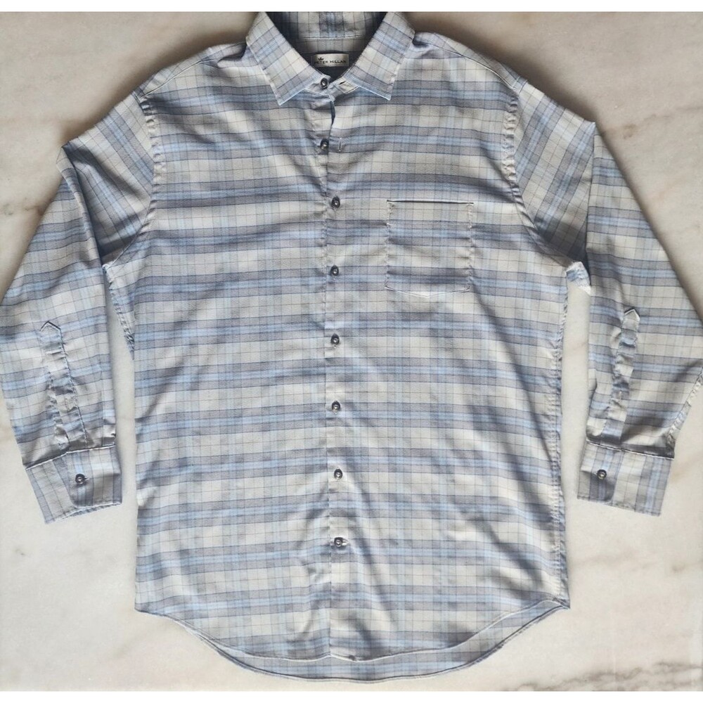 Peter Millar Mens Size Large Polyester Nylon Grey & Blue Plaid Button Down Shirt